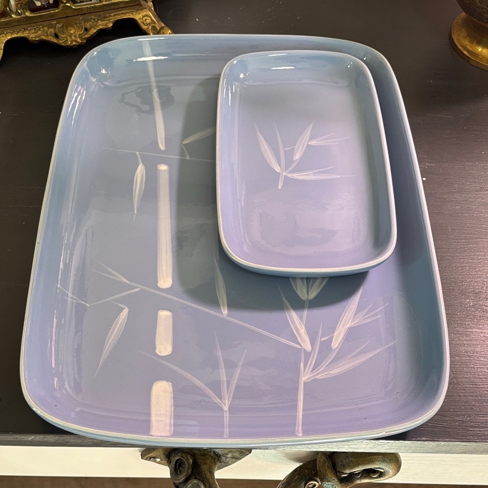 Winfield Blue Ceramic Serving Tray Set with Bamboo Motif